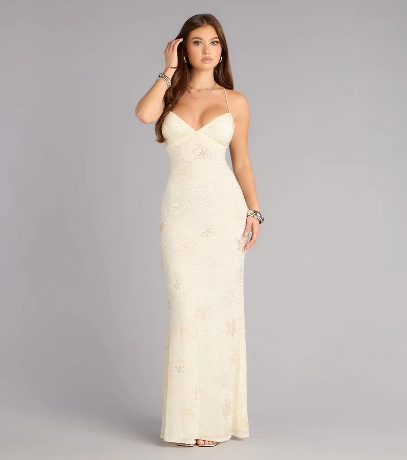 Elliana Beaded Floral Mermaid Dress