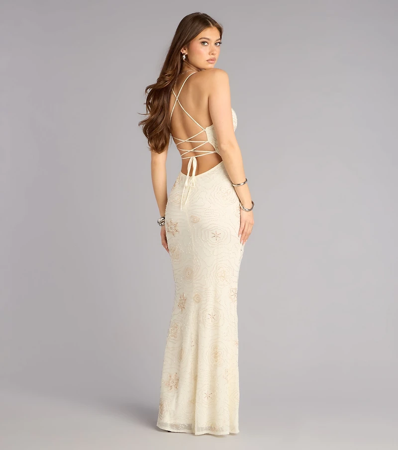 Elliana Beaded Floral Mermaid Dress