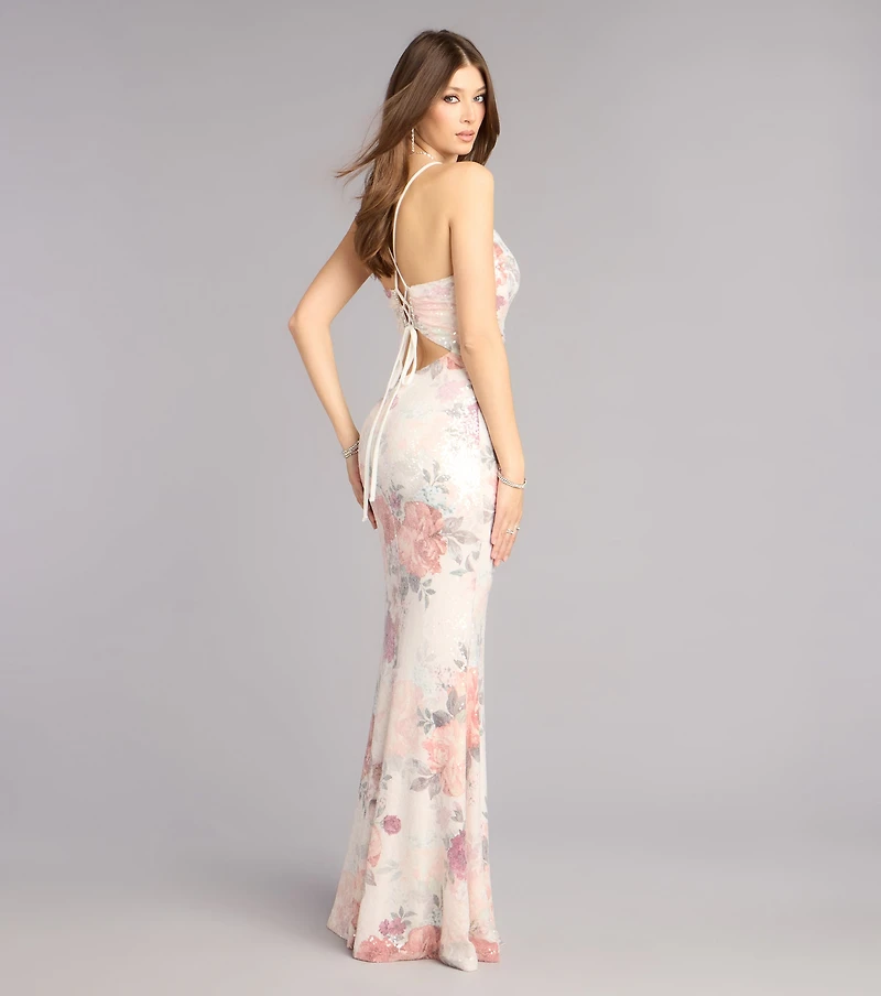 Hallie Sequin Floral Slit Formal Dress