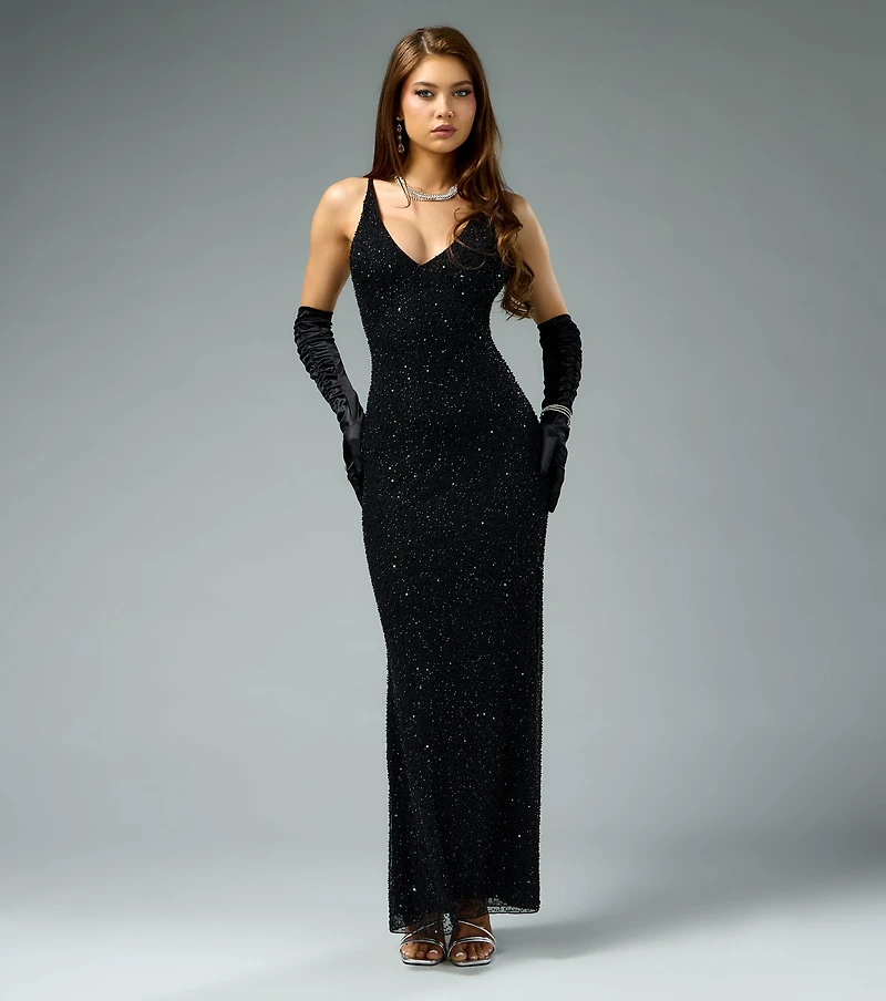 Amiah Beaded Sequin Column Formal Dress