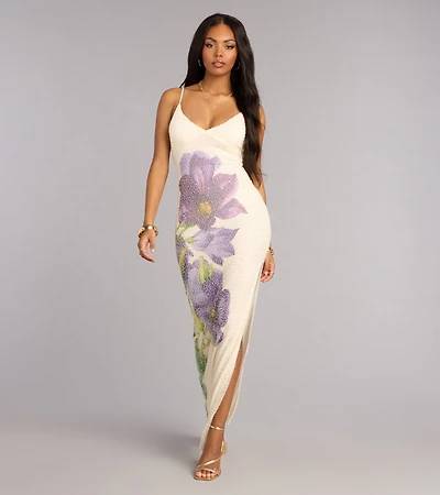 Athena Floral Sequin Bead Formal Dress