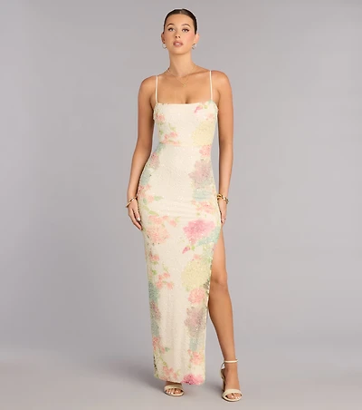 Linda Floral Beaded Column Formal Dress