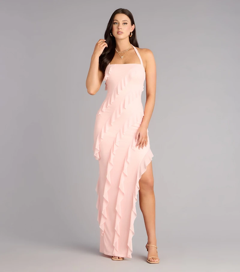 Blake Mesh Halter Slit Ruffle Formal Dress