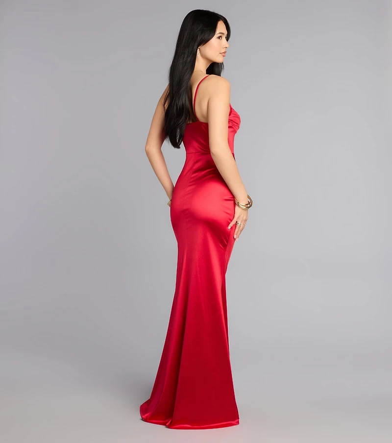 Jazmine Cowl Neck Slit A-Line Satin Formal Dress