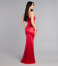 Jazmine Cowl Neck Slit A-Line Satin Formal Dress