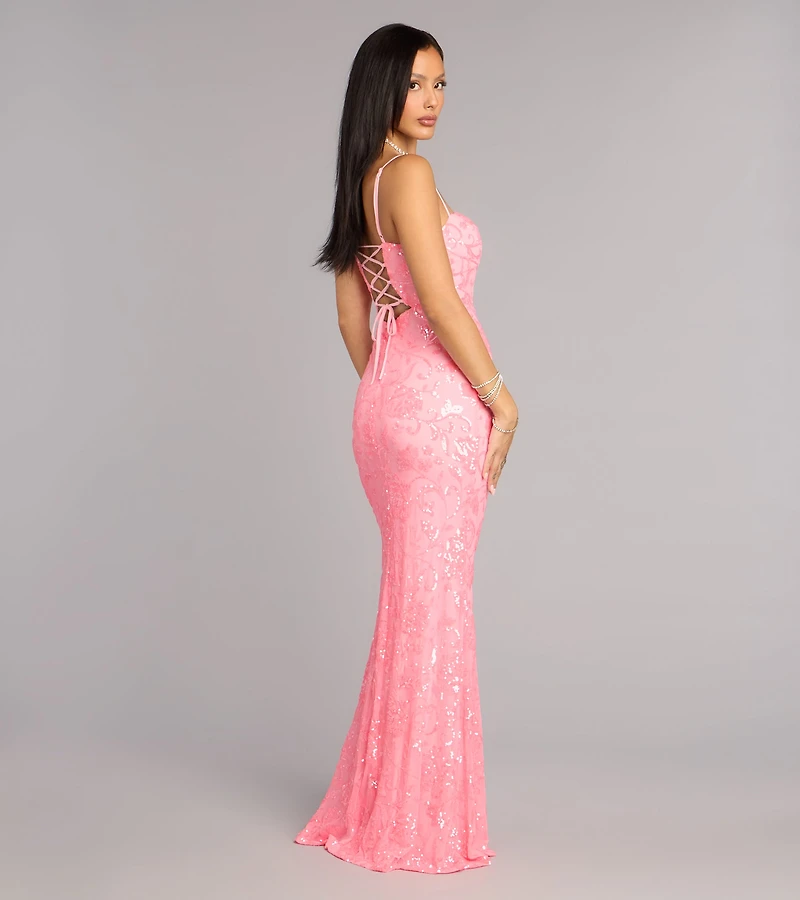 Savanna Floral Sequin Lace-Up Formal Dress