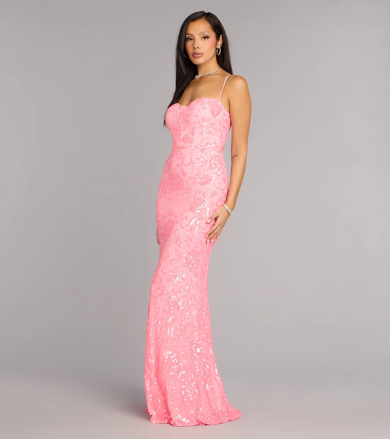 Savanna Floral Sequin Lace-Up Formal Dress