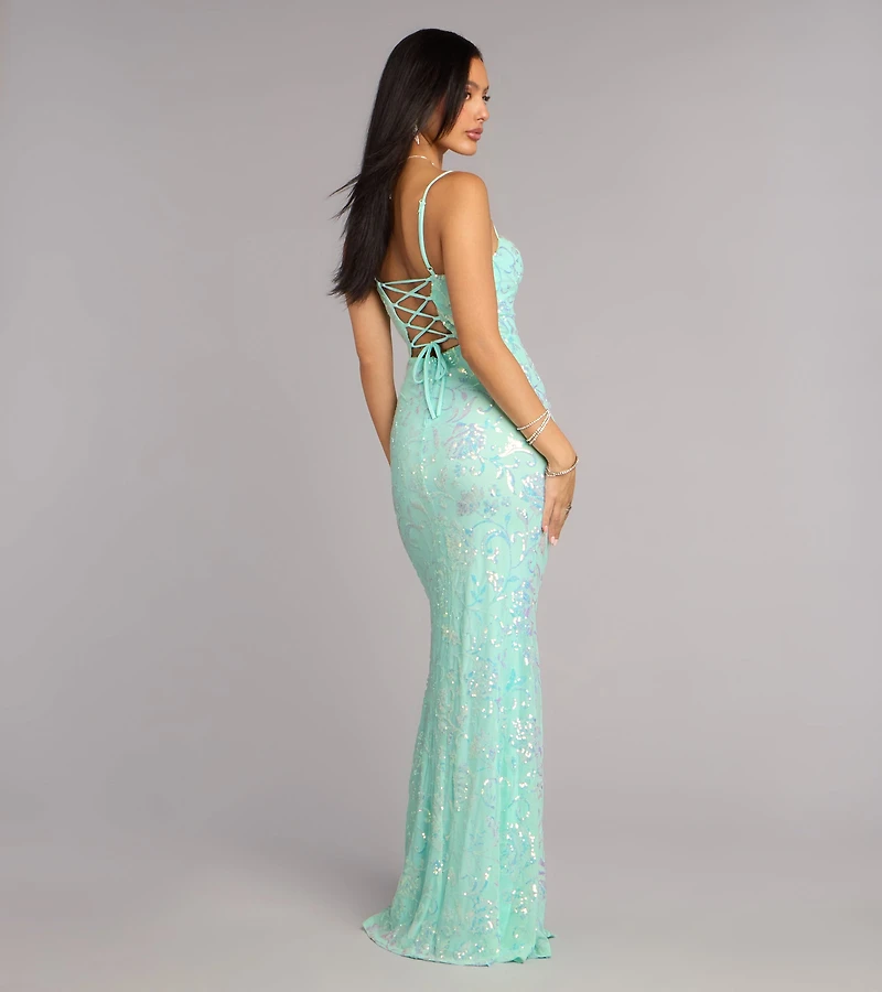 Savanna Floral Sequin Lace-Up Formal Dress