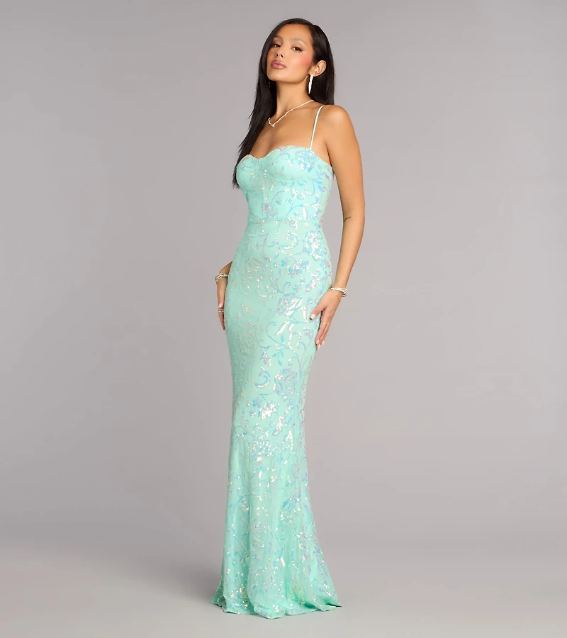 Savanna Floral Sequin Lace-Up Formal Dress