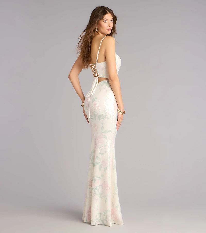Lacey Floral Sequin Mermaid Formal Dress