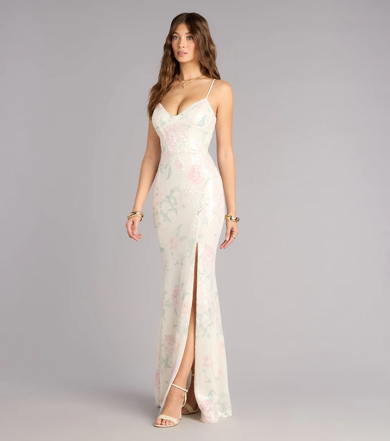 Lacey Floral Sequin Mermaid Formal Dress