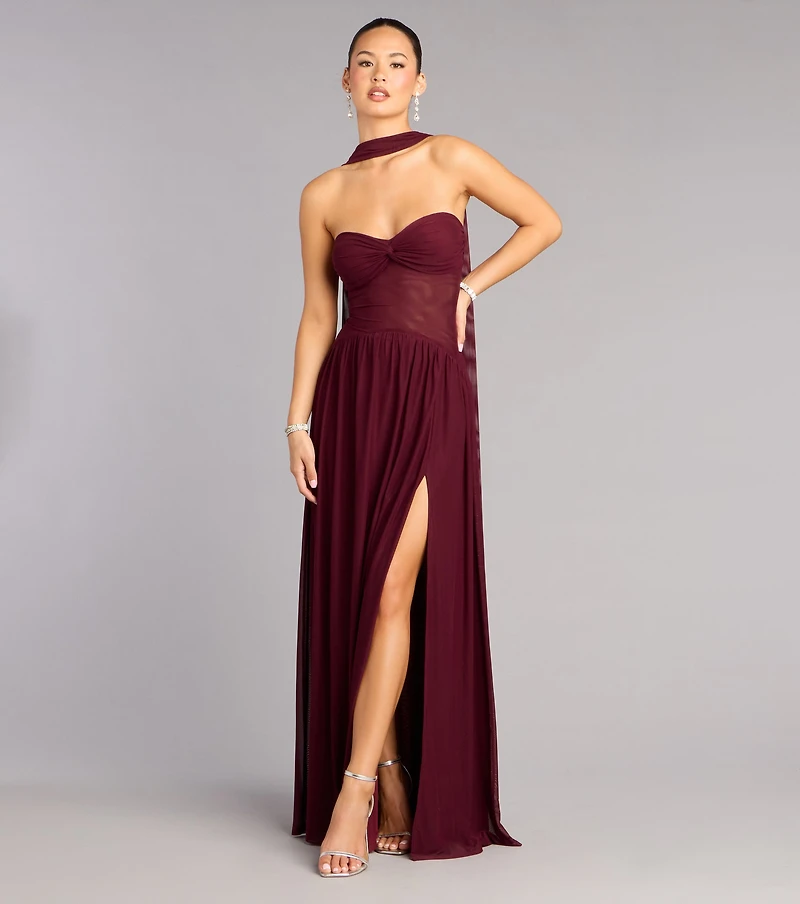 Rhea Mesh Strapless A-Line Dress With Scarf