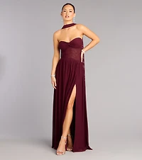 Rhea Mesh Strapless A-Line Dress With Scarf
