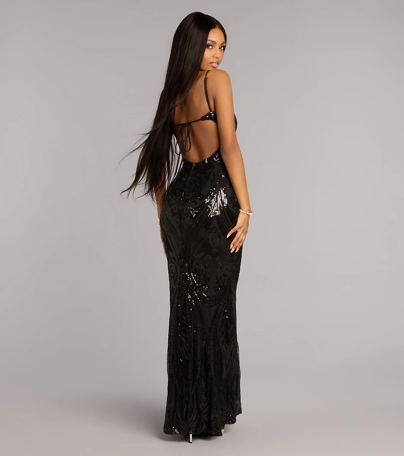 Ray Sequin Tie-Back Formal Dress