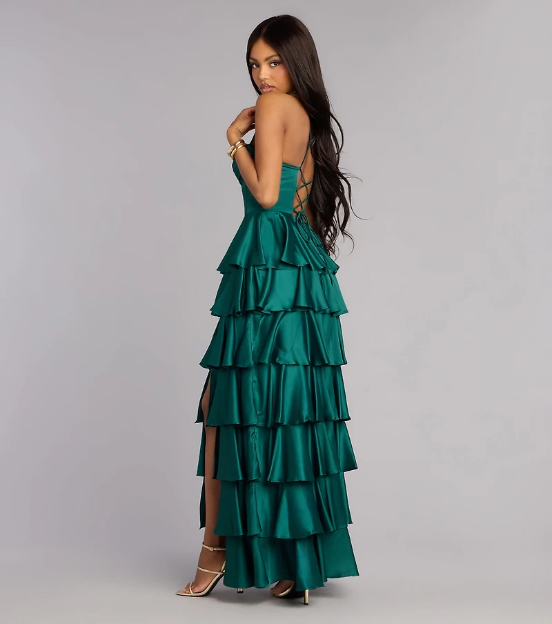 Rose Satin Ruffle A-Line Formal Dress