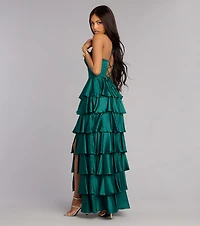 Rose Satin Ruffle A-Line Formal Dress