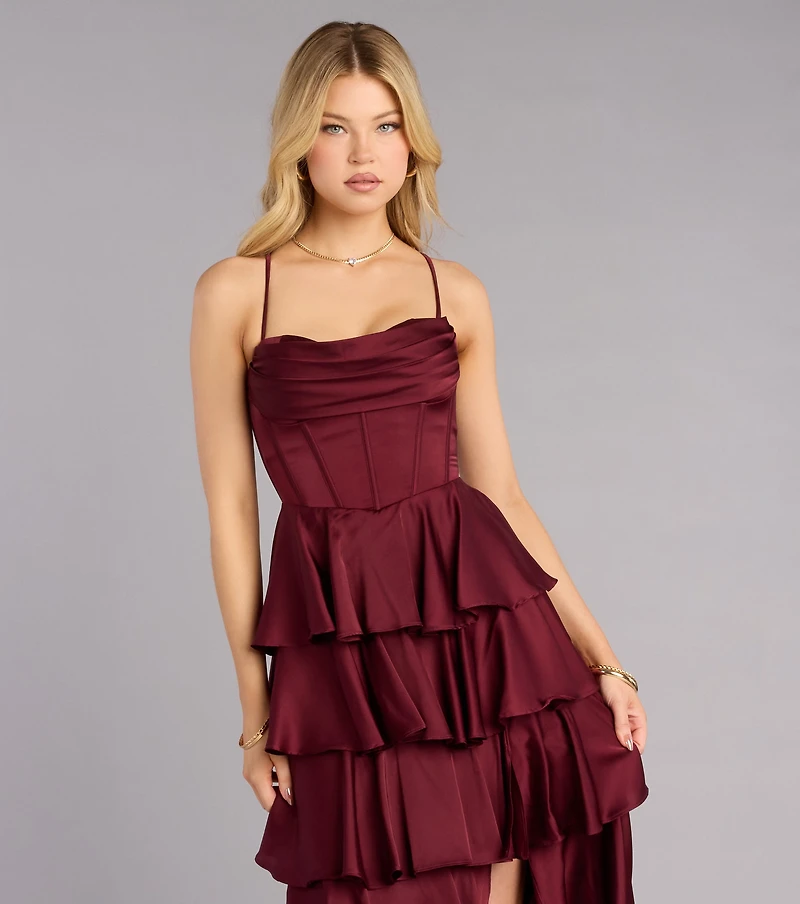 Rose Satin Ruffle A-Line Formal Dress