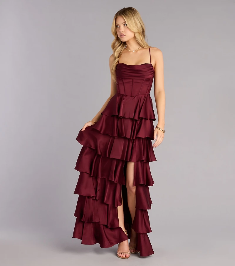 Rose Satin Ruffle A-Line Formal Dress