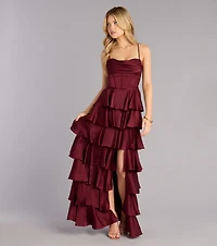 Rose Satin Ruffle A-Line Formal Dress