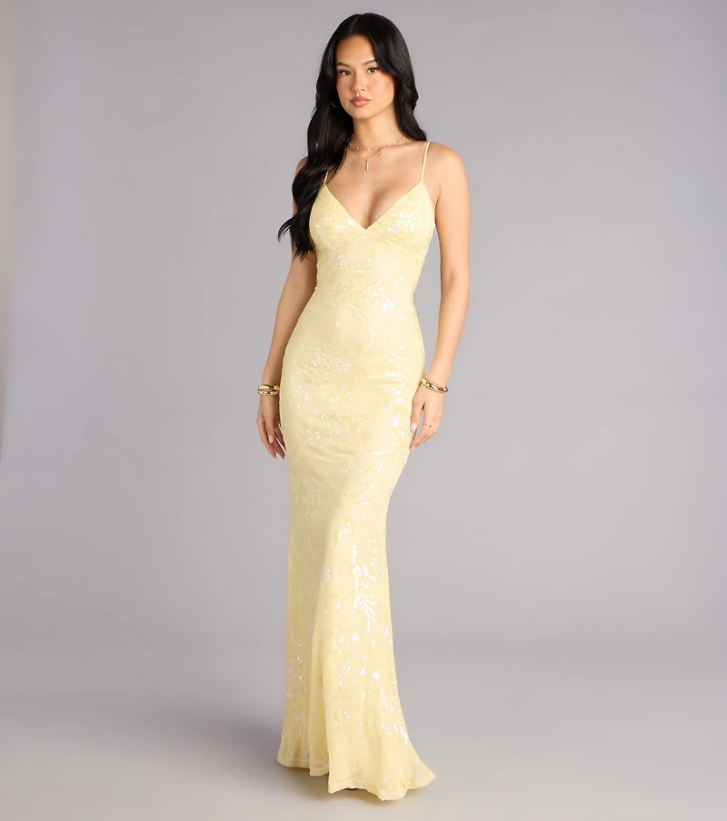 Aila Floral Sequin Mesh Mermaid Dress