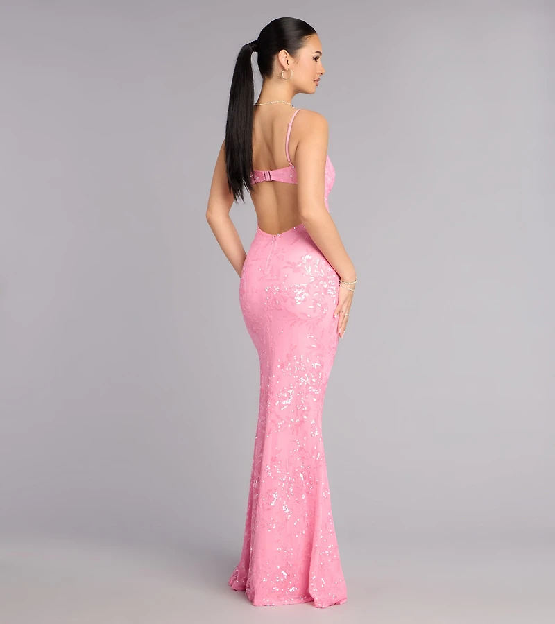 Lilyanna Floral Sequin Slit Formal Dress