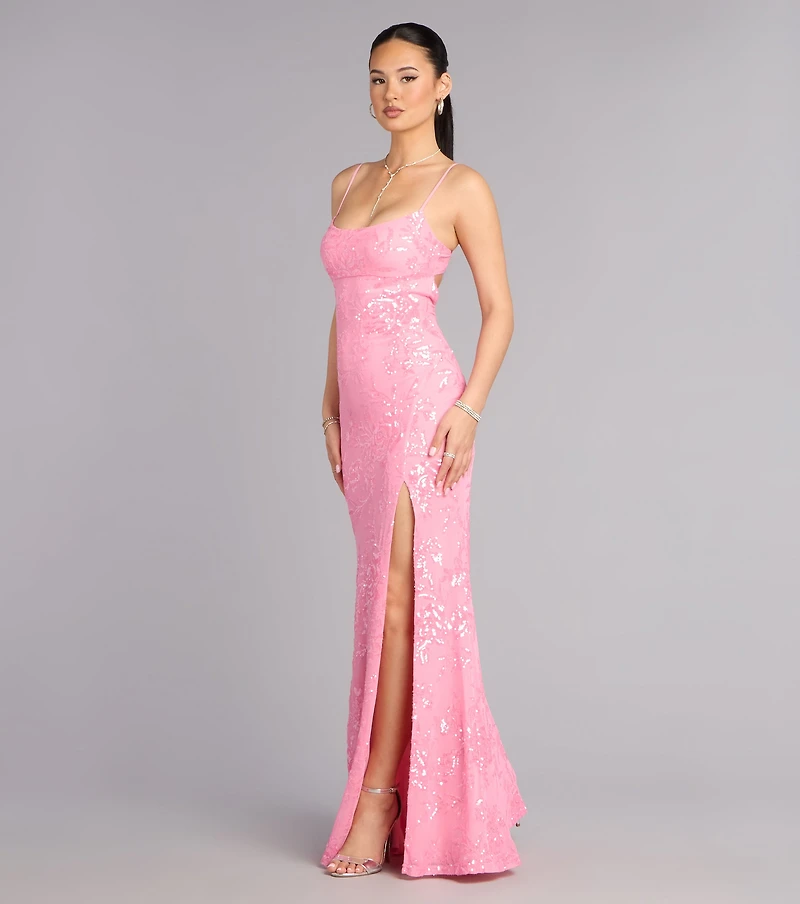 Lilyanna Floral Sequin Slit Formal Dress