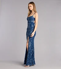 Lilyanna Floral Sequin Slit Formal Dress