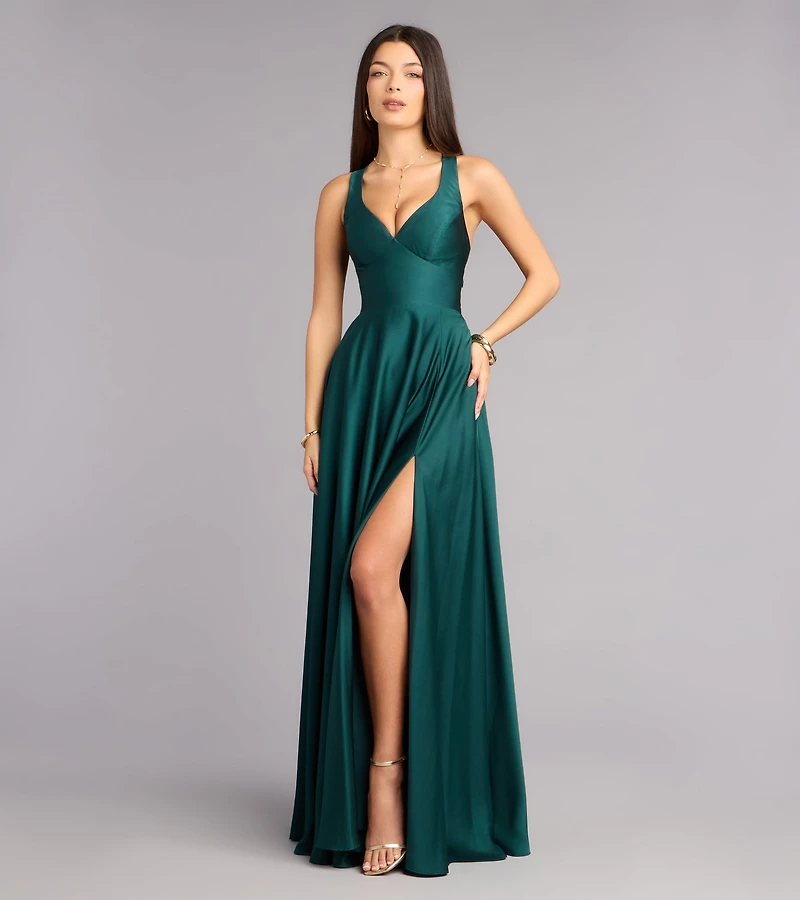 Abbey Lace-Up Slit A-Line Satin Formal Dress