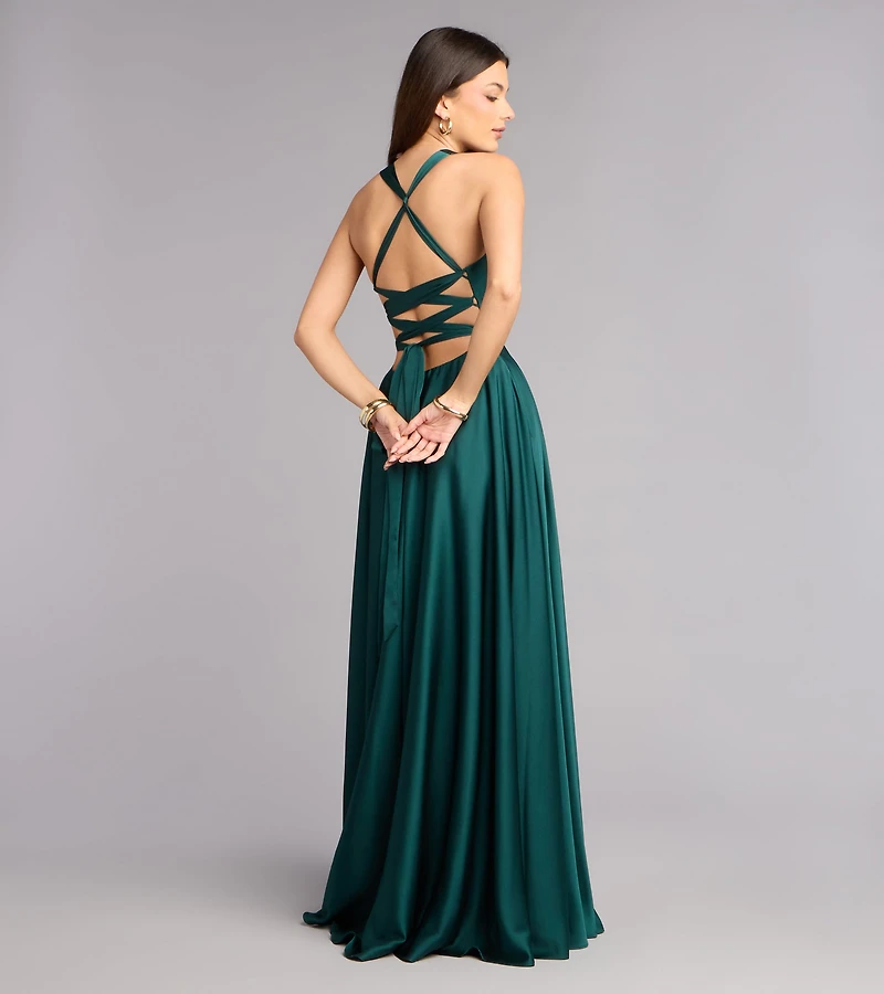 Abbey Lace-Up Slit A-Line Satin Formal Dress