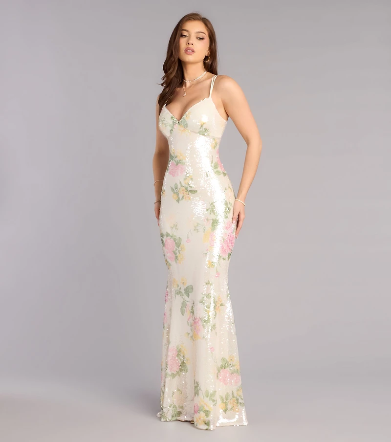 Elora Floral Sequin Lace-Up Mermaid Dress