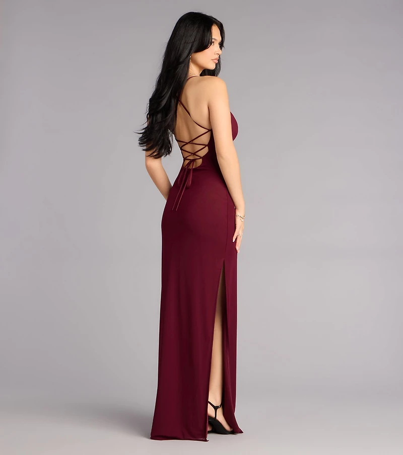 Adriane Beaded Floral Lace-Up Formal Dress