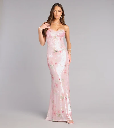 Arely Floral Sequin Corset Formal Dress