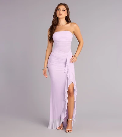 Sienna Mesh Ruffle Slit Formal Dress