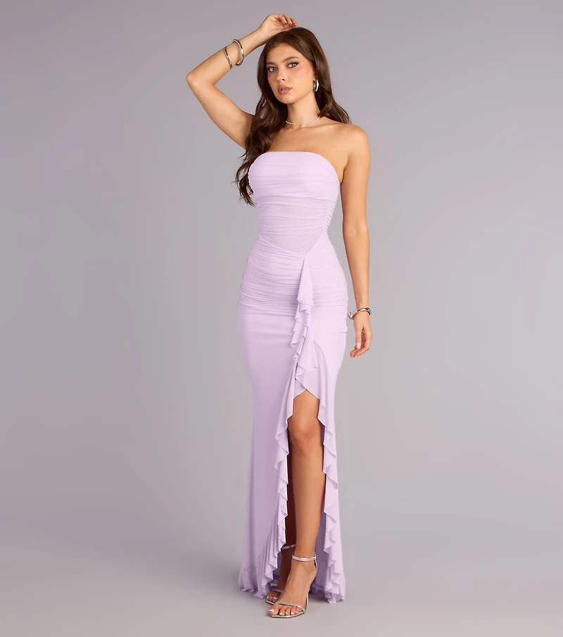 Sienna Mesh Ruffle Slit Formal Dress