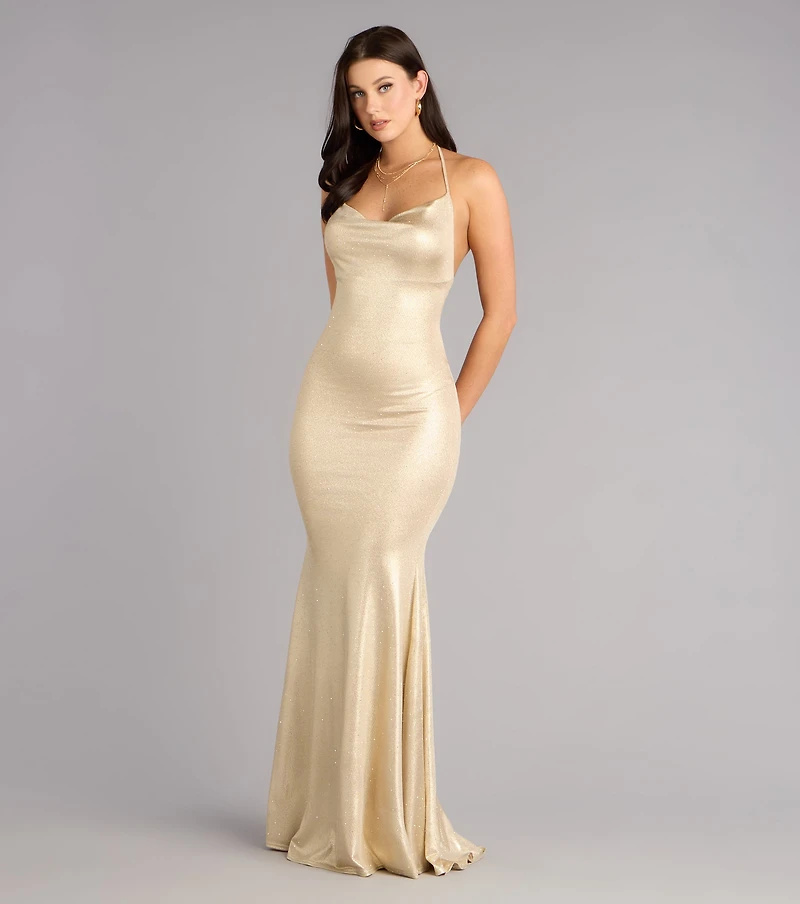 Teresa Metallic Rhinestone Open Back Formal Dress