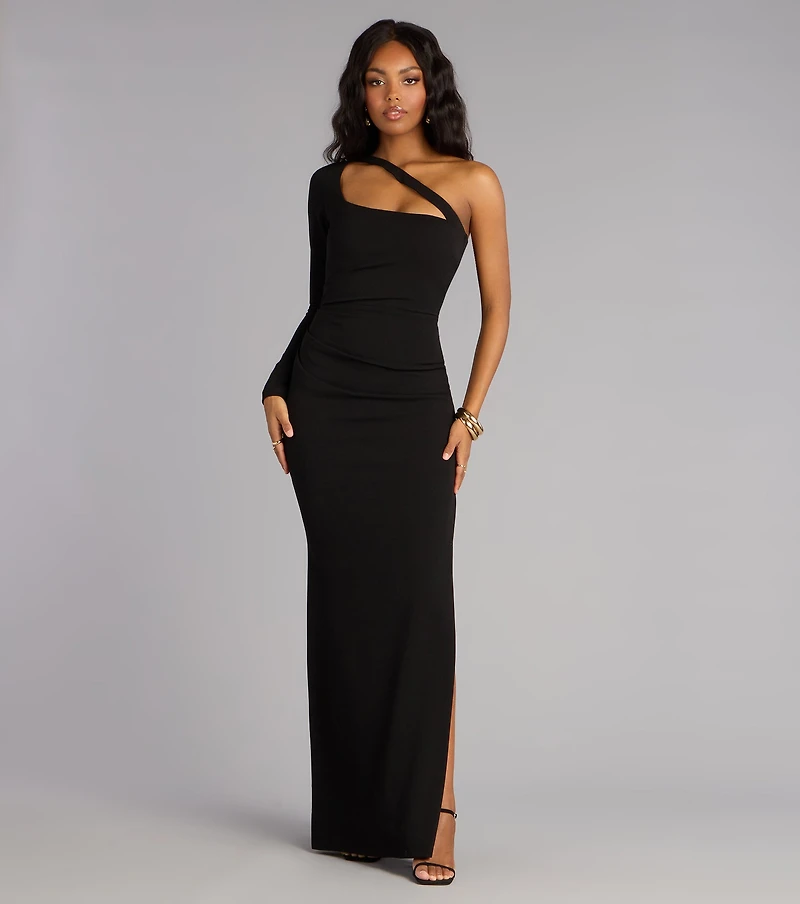 Sam Crepe One-Shoulder Slit Formal Dress