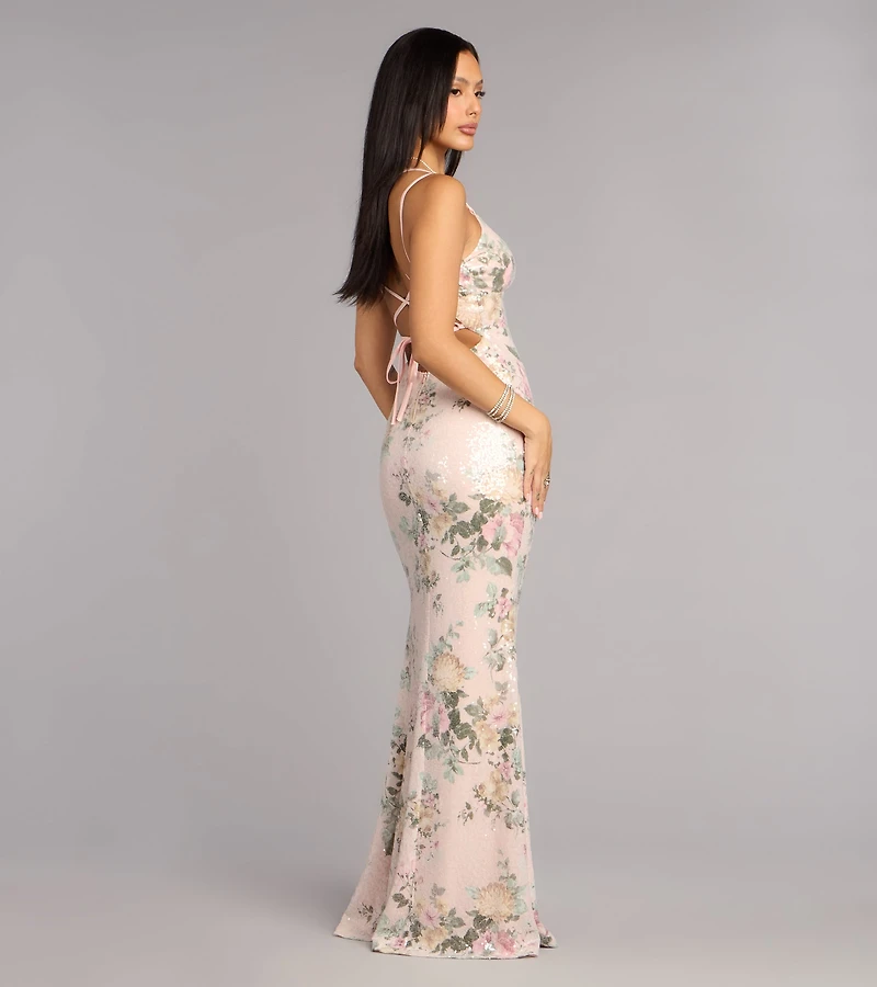 Kelsey Sequin Floral Slit Formal Dress