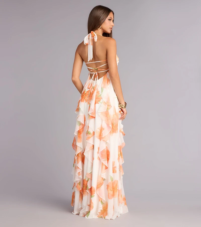 Alaiya Floral Chiffon Ruffle A-Line Dress