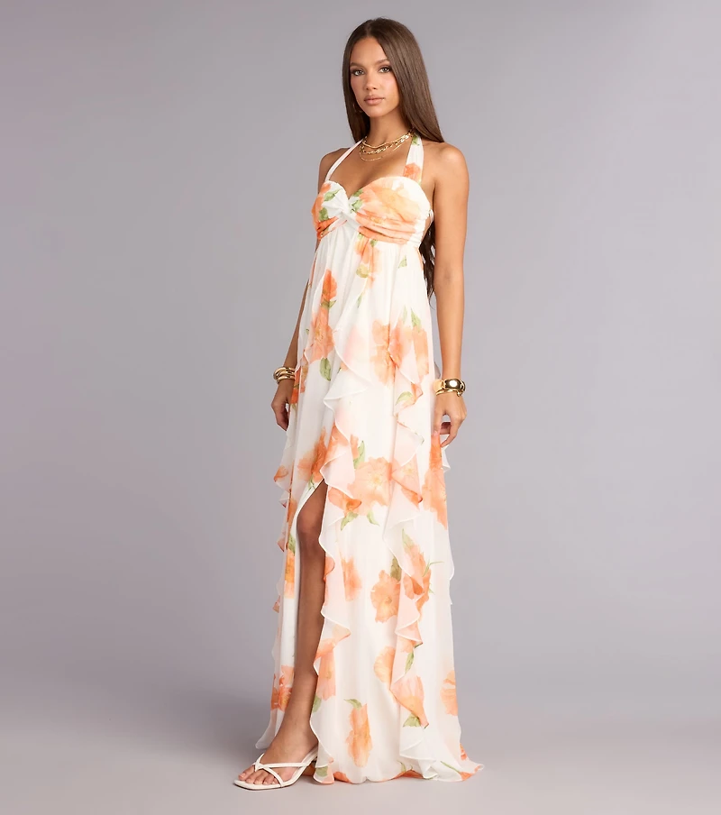 Alaiya Floral Chiffon Ruffle A-Line Dress