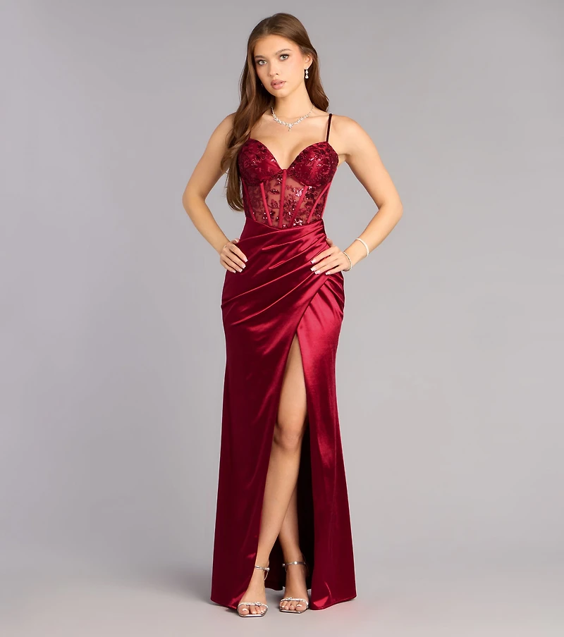mirabel satin corset high slit formal dress Sky Blue Corset Cutout Long Formal Dress with Slit, Burgundy / 0