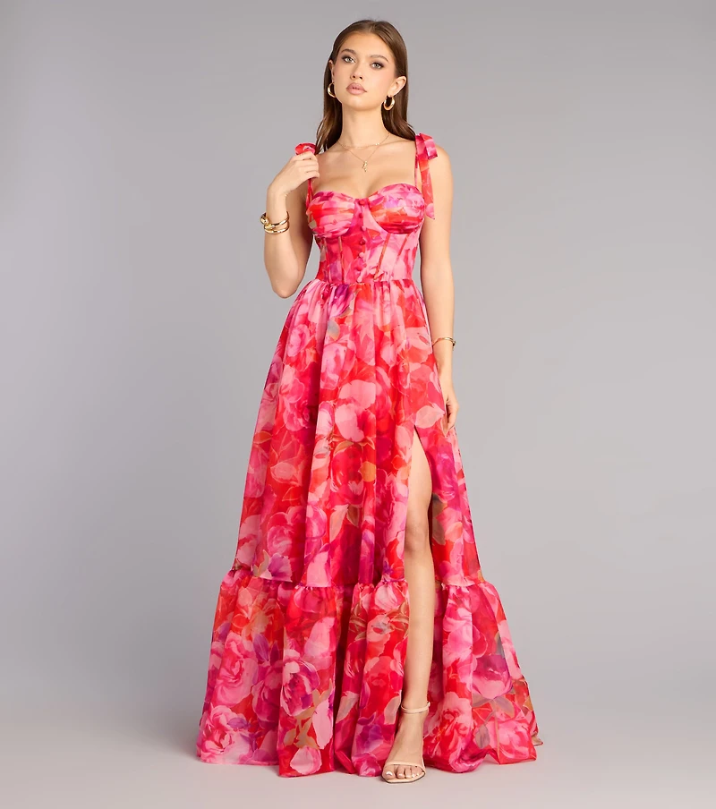 Elana Floral A-Line Slit Formal Dress