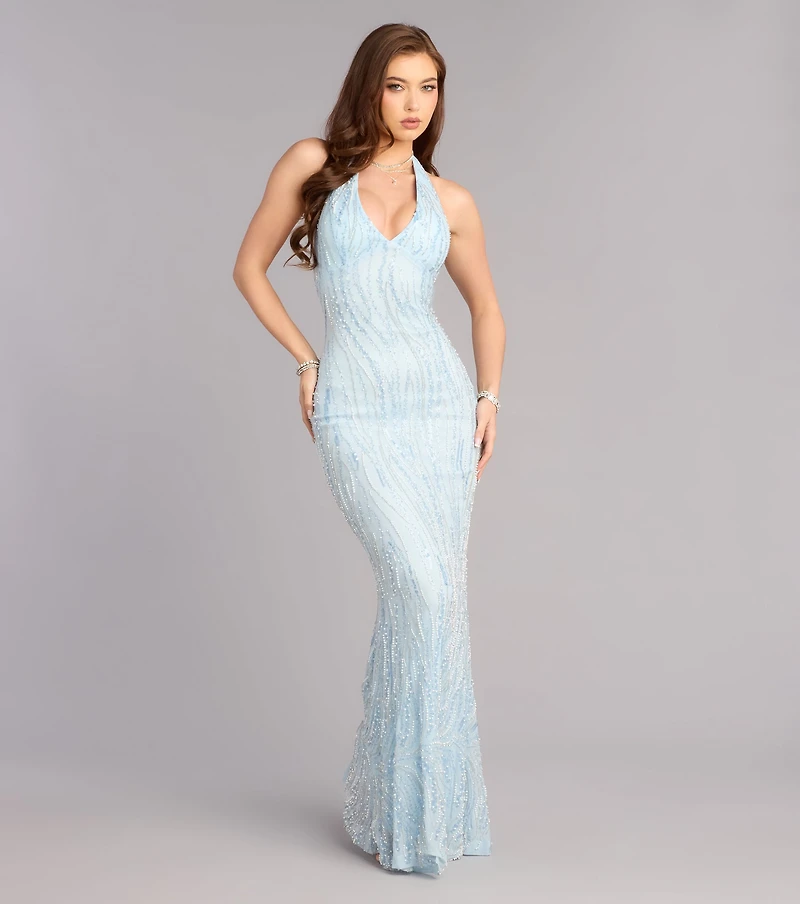 Faith Sequin Pearl Bead Formal Dress