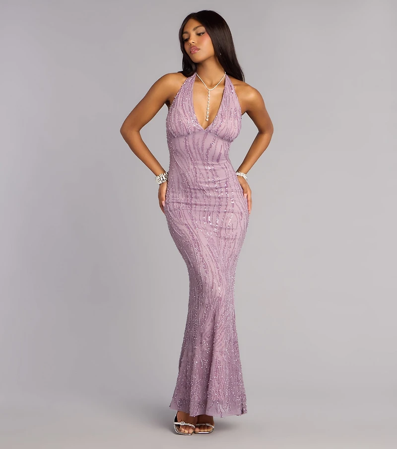 Faith Sequin Pearl Bead Formal Dress