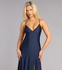 Mindy Satin A-Line Slit Formal Dress