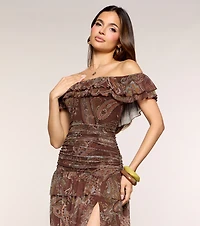 Lila Floral Print Off-The-Shoulder A-Line Dress