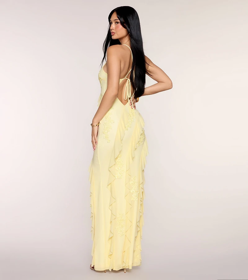 Lisi Mesh Applique Ruffle Formal Dress