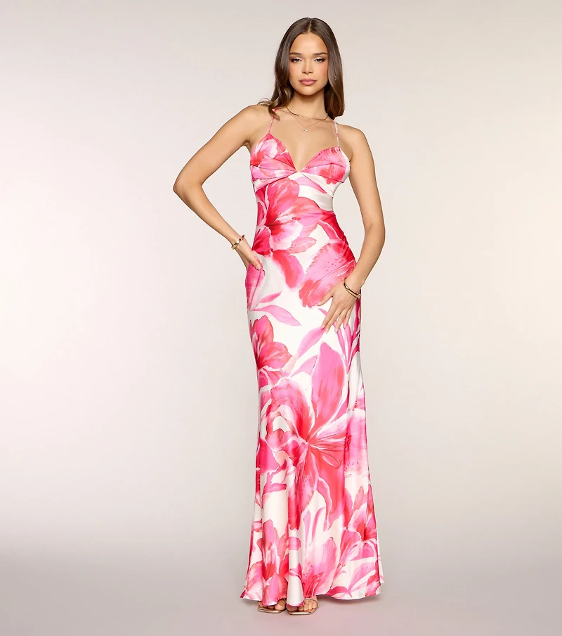 Jailei Floral Satin Lace-Up Formal Dress