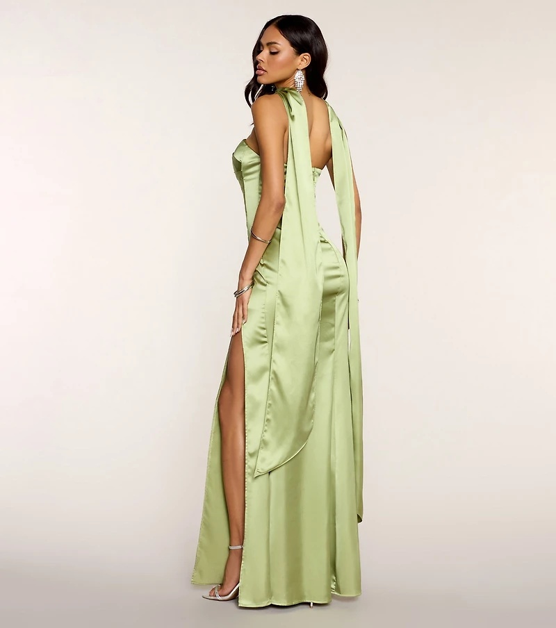 Jordan Satin Formal Dress With Scarf