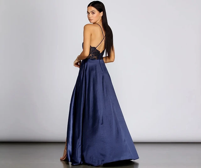 lorella satin empire lace back formal dress Windsor Lorella Satin Empire Lace Back Formal Dress at Hamilton Place in Chattanooga, TN