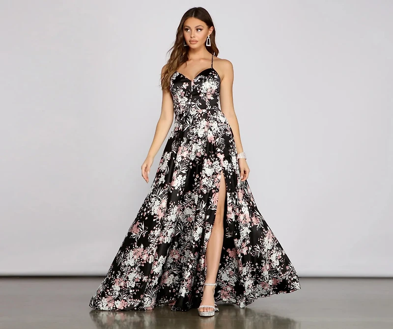Eleanor Formal High Slit Floral Satin Dress